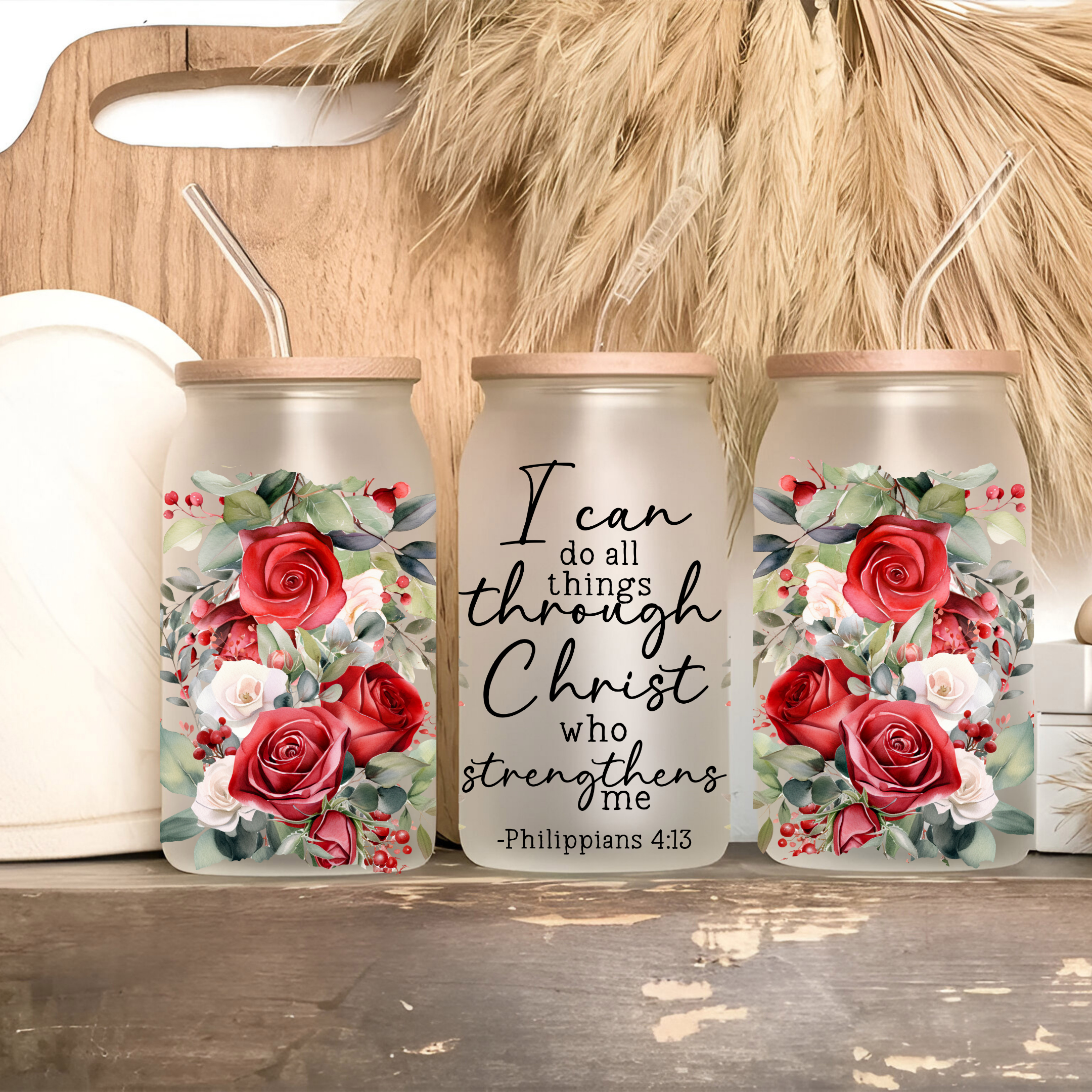 I Can Do All Things – Philippians 4:13 Red Rose Scripture Glass Cup • 16oz Glass Can Tumbler