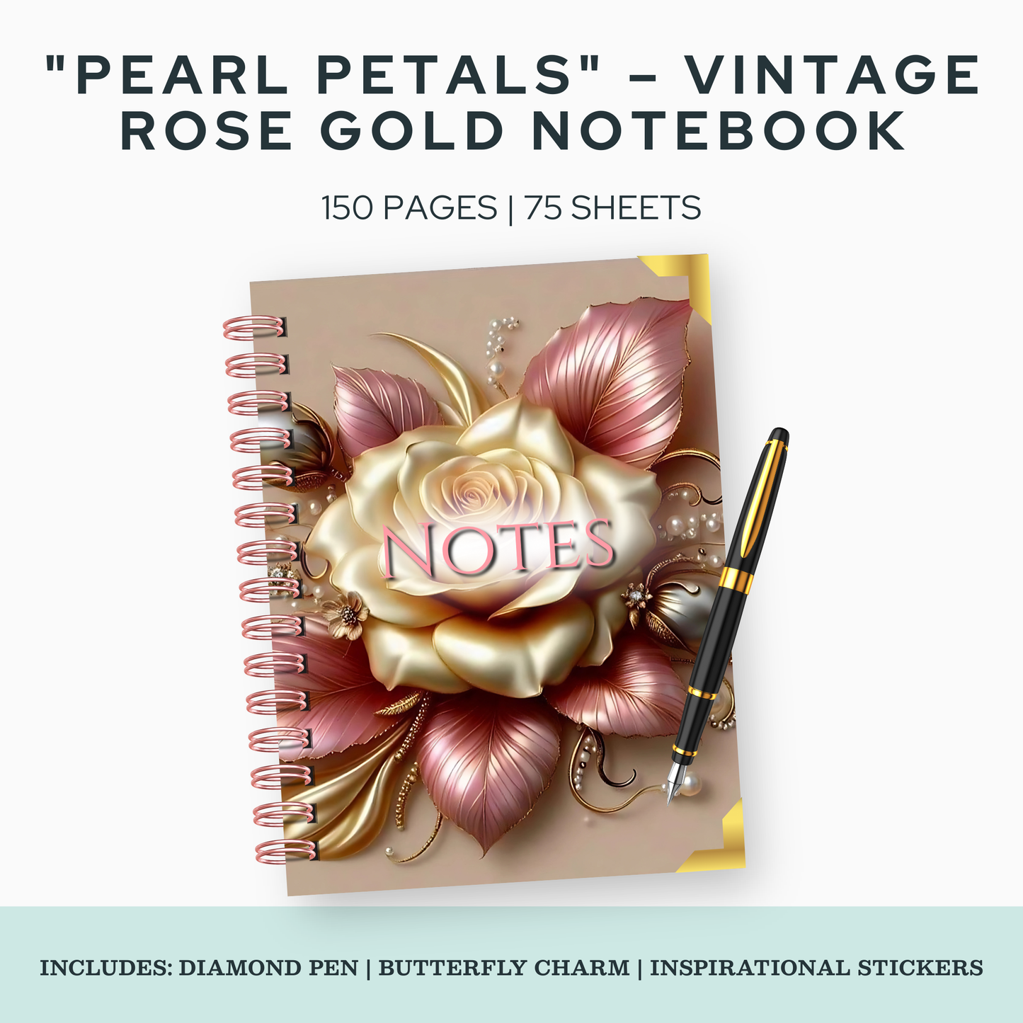 Pearl Petals – Vintage Rose Gold Notebook