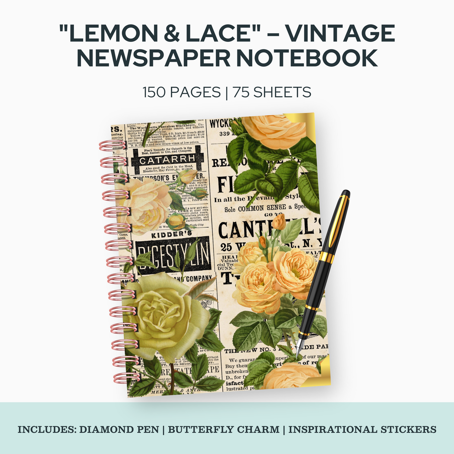 Lemon & Lace – Vintage Newspaper Notebook