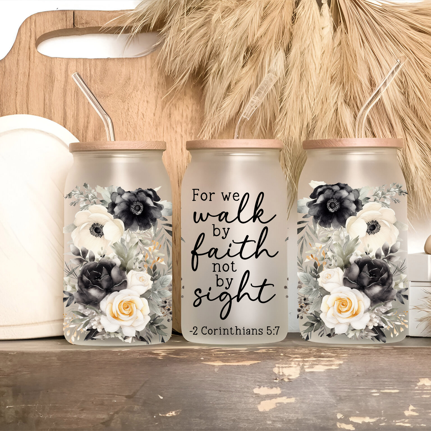 Walk by Faith – 2 Corinthians 5:7 Black & White Floral Glass Cup • 16oz
