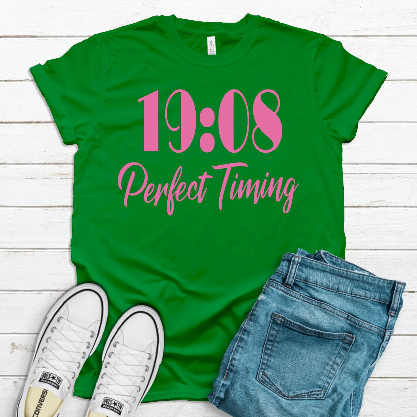 1908 Perfect Timing Unisex Sorority Tee • Crew Neck Green T-Shirt