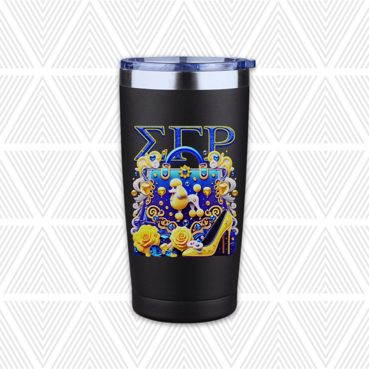 A black insulated travel tumbler with a clear lid, featuring a colorful printed design with the Greek letters Sigma Gamma Rho and a decorative illustration in blue, yellow, and white, set against a white background with a light gray geometric pattern.