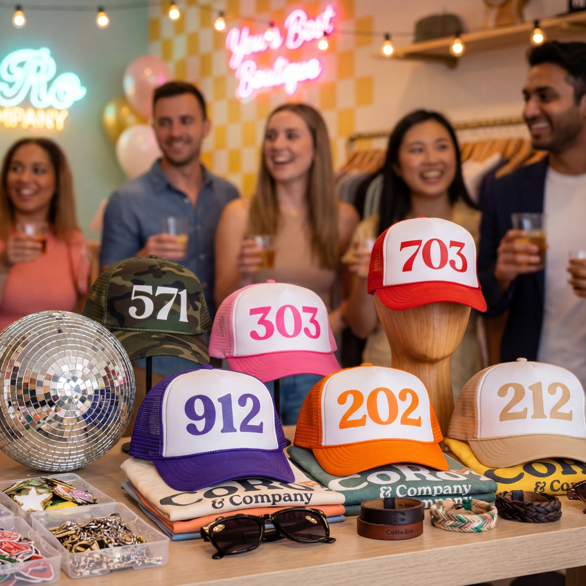 Group of people gathered around a table with colorful area code trucker hats at a team building event.