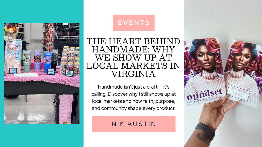 CoRo & Company handmade gifts display at a Virginia local market with tumblers, candles, and journals, plus a close-up of a hand holding two illustrated ‘Mindset’ self-love journals. Banner promoting blog about handmade gifts in Virginia and local markets