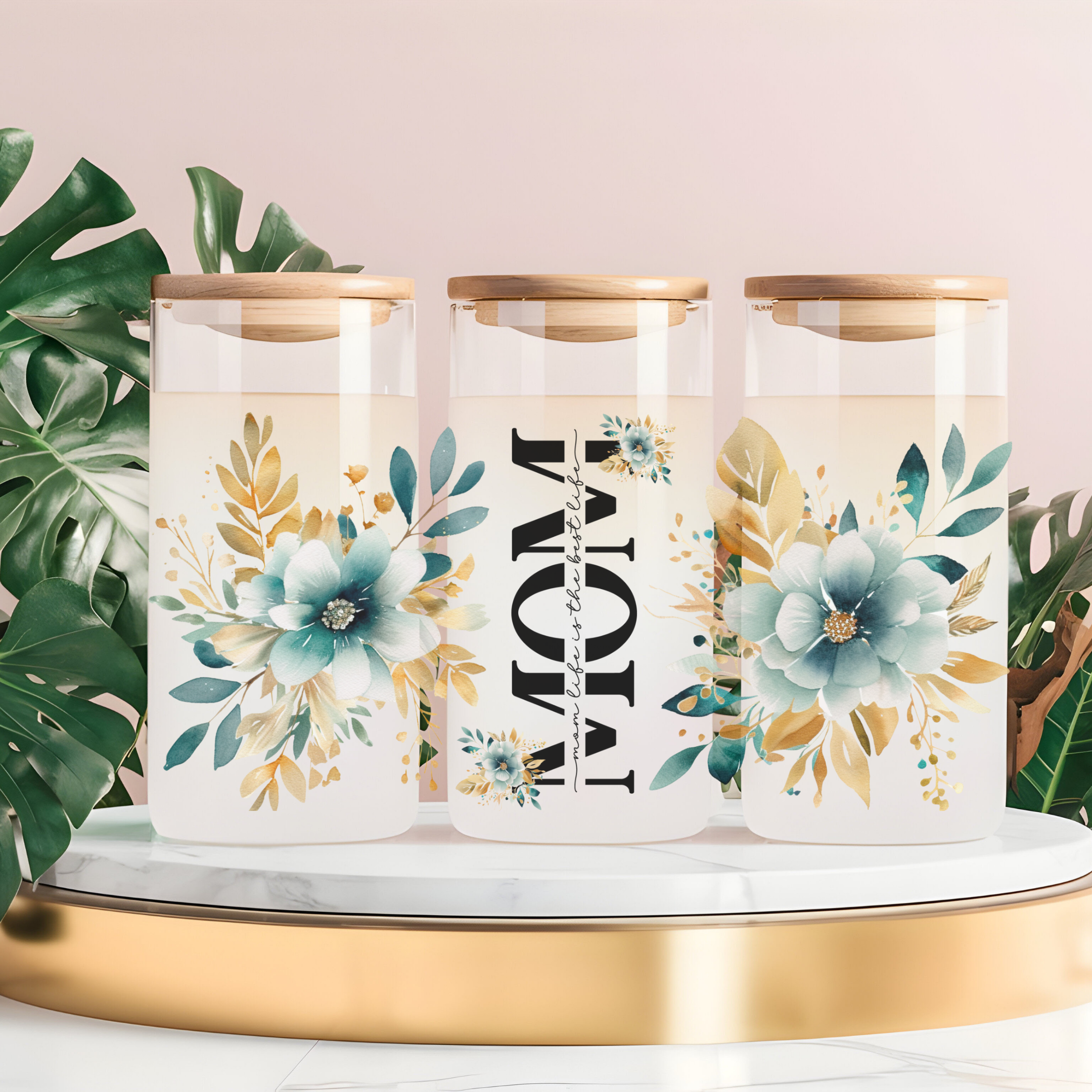 MOM Luxe Bloom – Teal & Gold Floral Glass Can Cup (16oz) Glass Can Tumbler