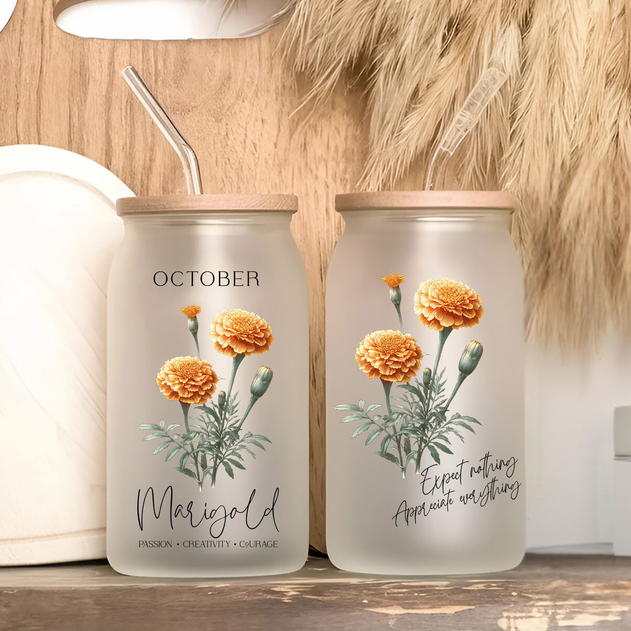 October Birth Flower Affirmation Glass Cup Glass Can Tumbler