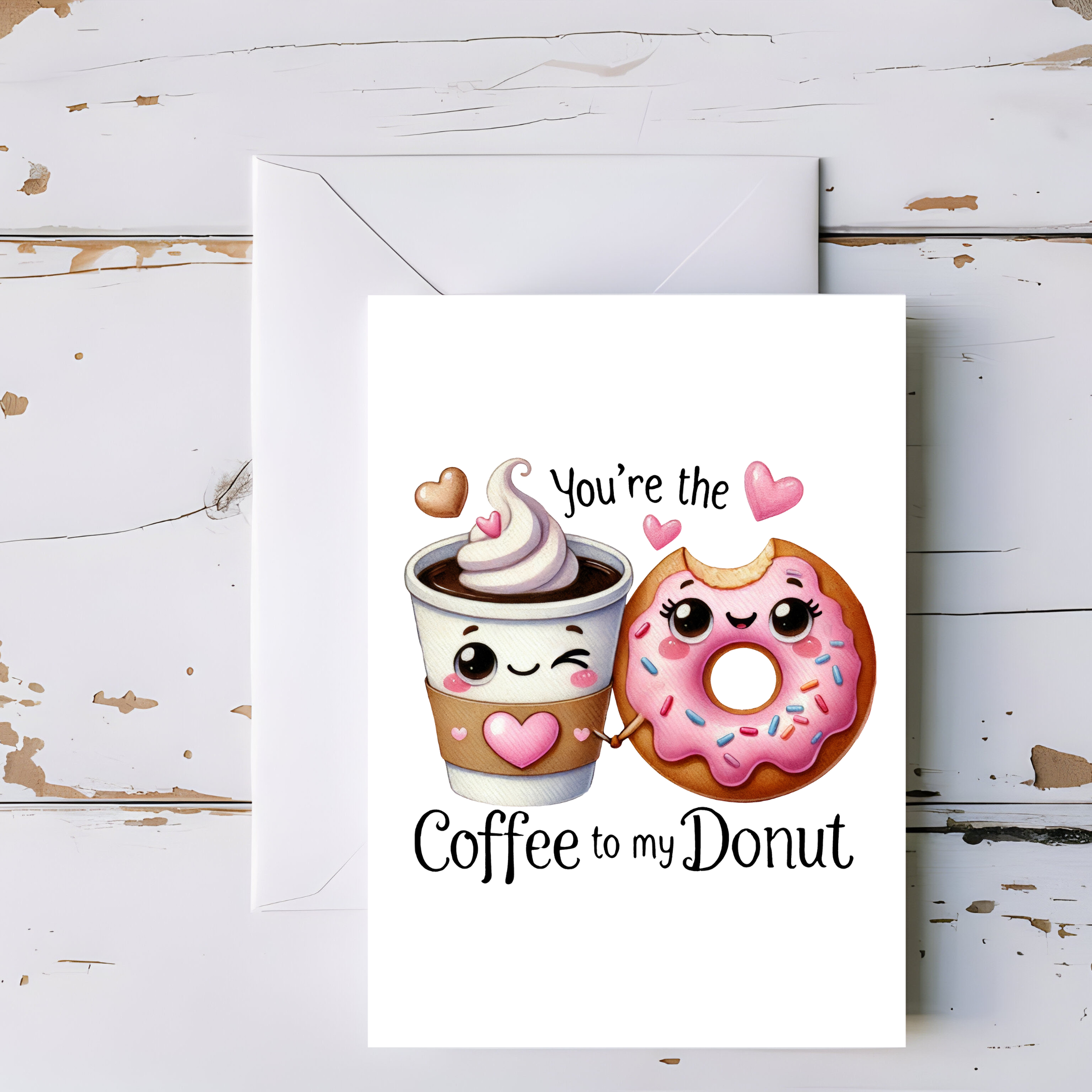 Coffee and Donut Greeting Card – Sweet Breakfast Love Card, Blank Inside Greeting Card