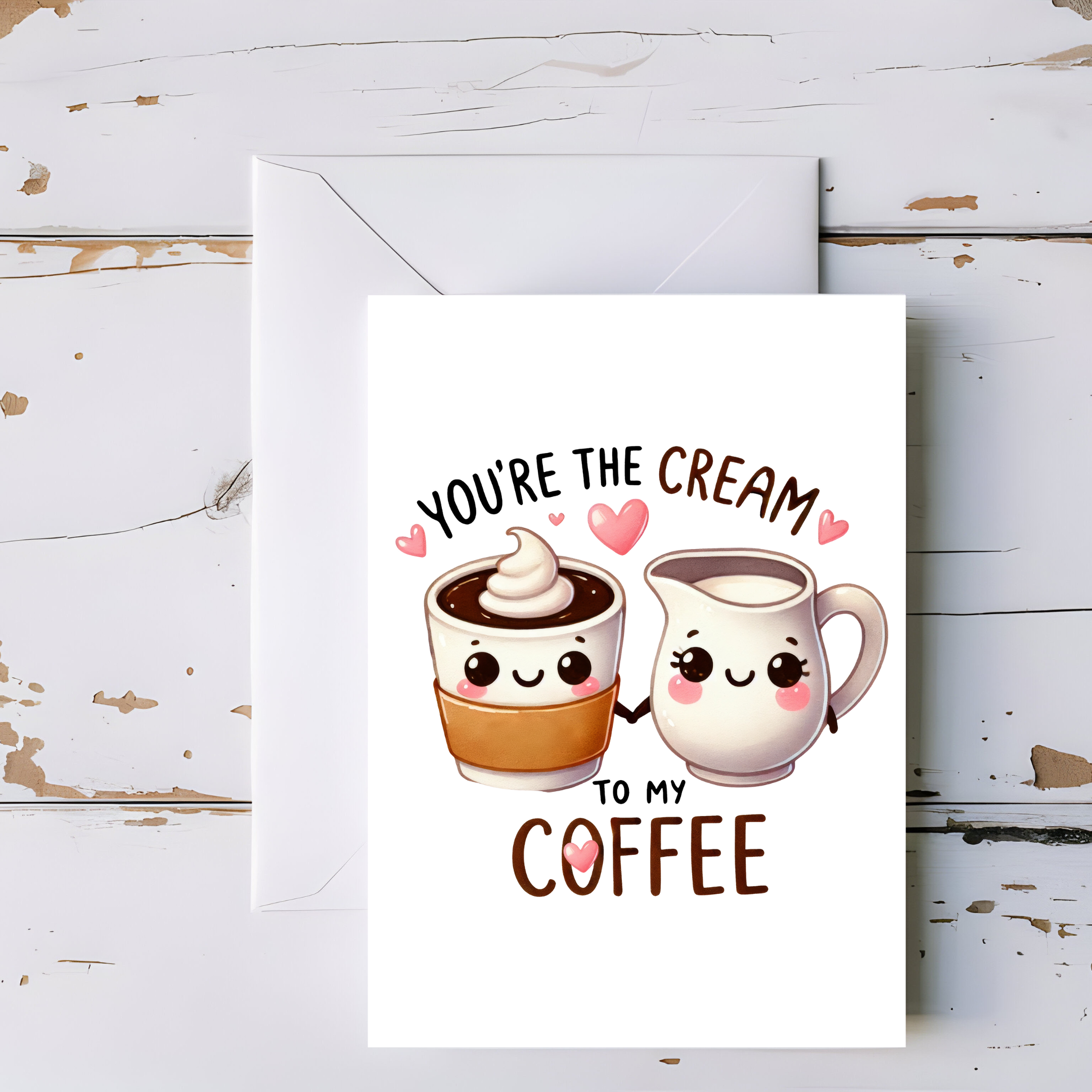 Cute Coffee and Cream Greeting Card – Love & Friendship Pun, Blank Inside Greeting Card