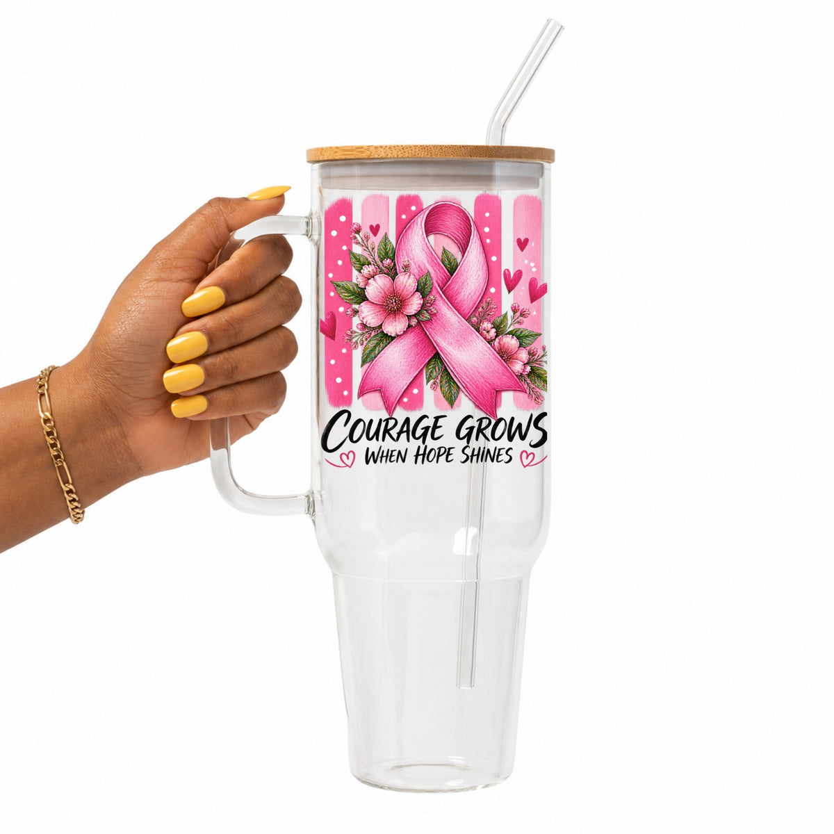 Courage Grows Pink Ribbon Glass Cup
