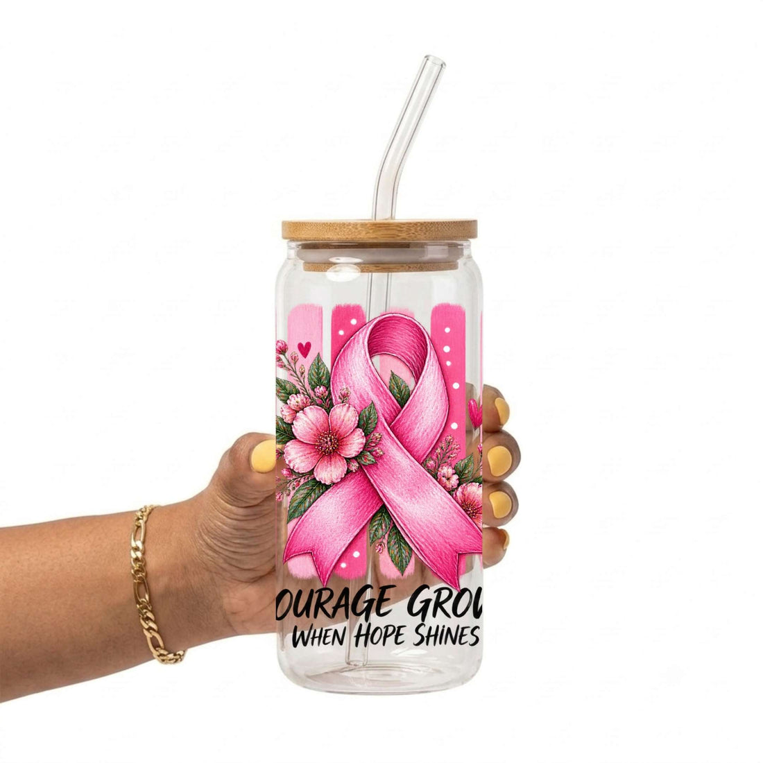 Courage Grows Pink Ribbon Glass Cup