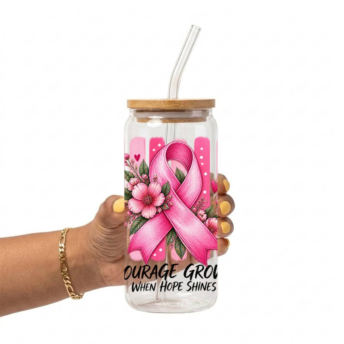 Courage Grows Pink Ribbon Glass Cup