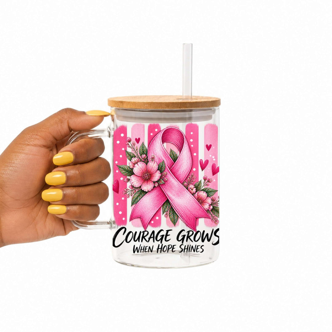 Courage Grows Pink Ribbon Glass Cup