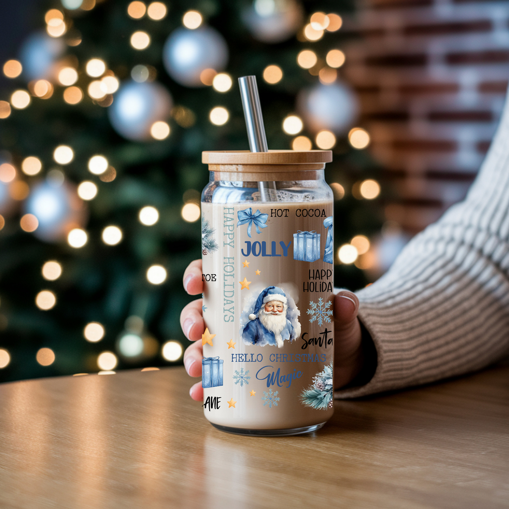 Blue Christmas Cup With Lid And Straw