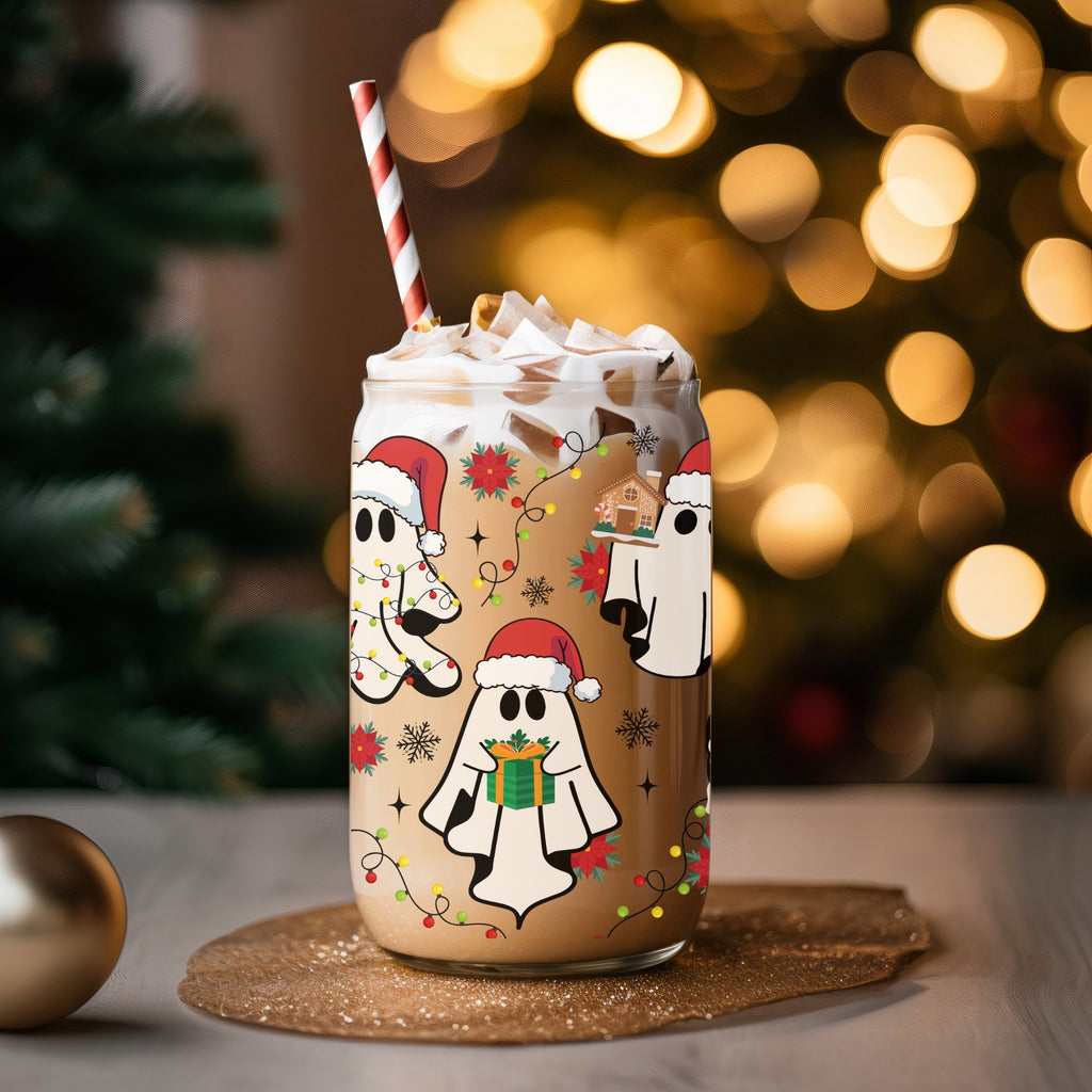 Santa Ghosts Glass Cup With Lid And Straw