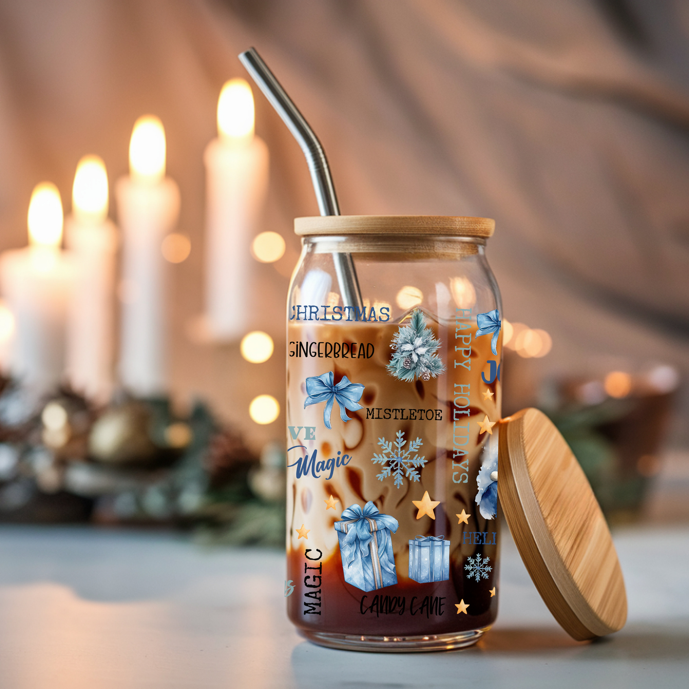 Blue Christmas Cup With Lid And Straw