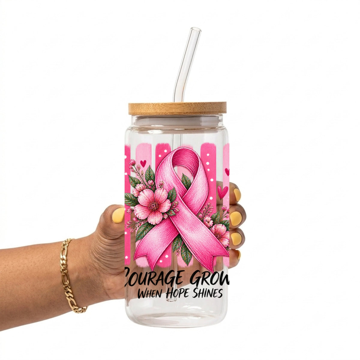 Courage Grows Pink Ribbon Glass Cup