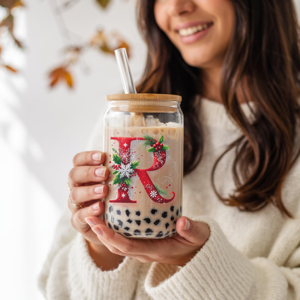 Personalized Initial Christmas Glass Cup with Lid and Straw