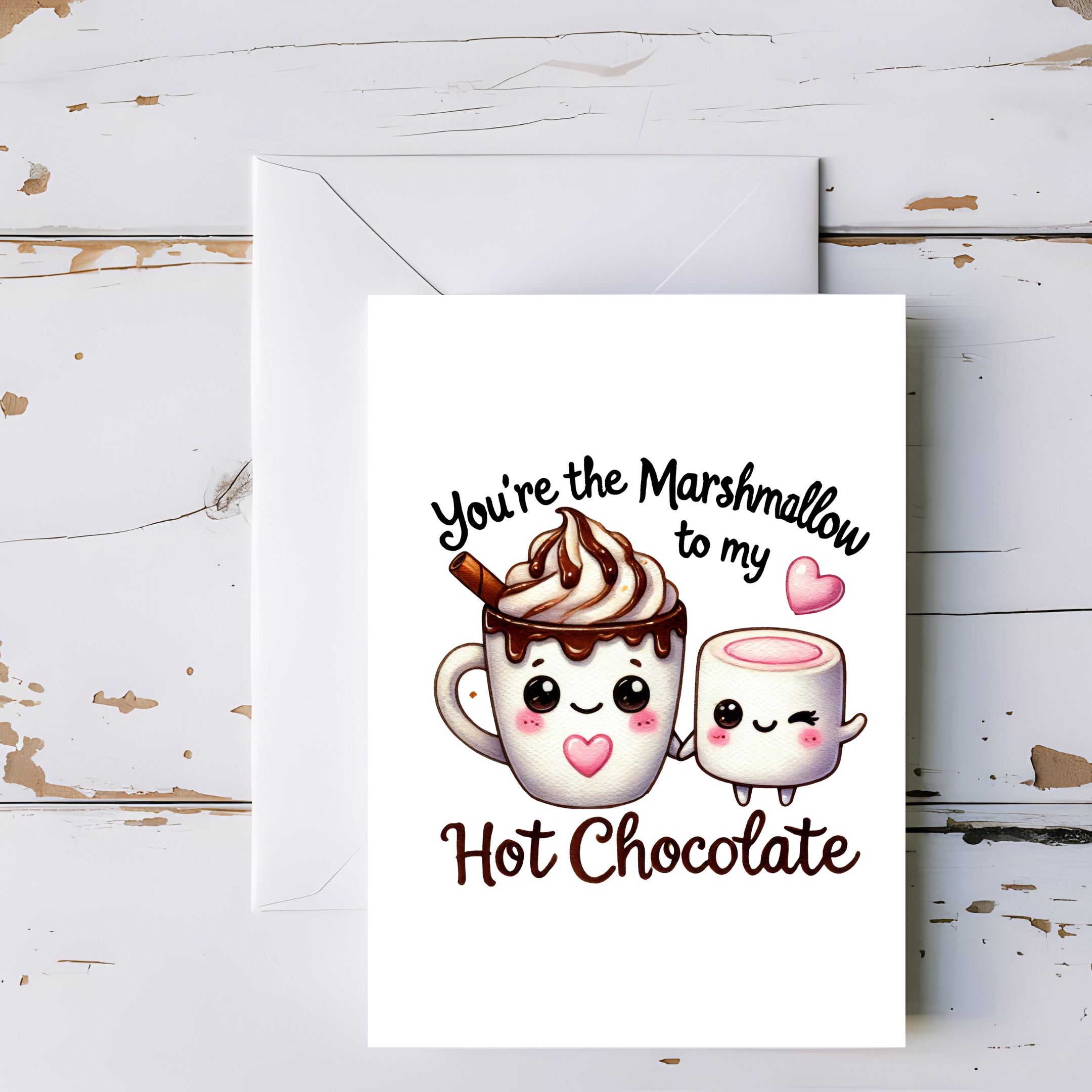 Hot Chocolate and Marshmallow Greeting Card – Cozy Winter Love Card, Blank Inside Greeting Card