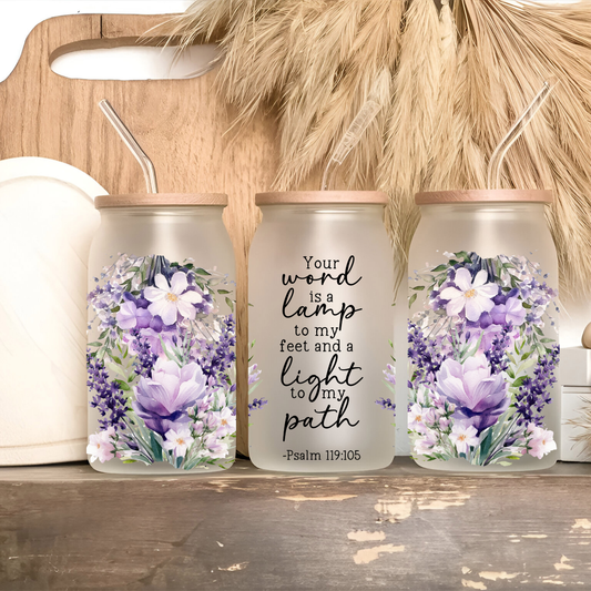 Lamp to My Feet – Psalm 119:105 Lavender Floral Glass Can Cup • 16oz
