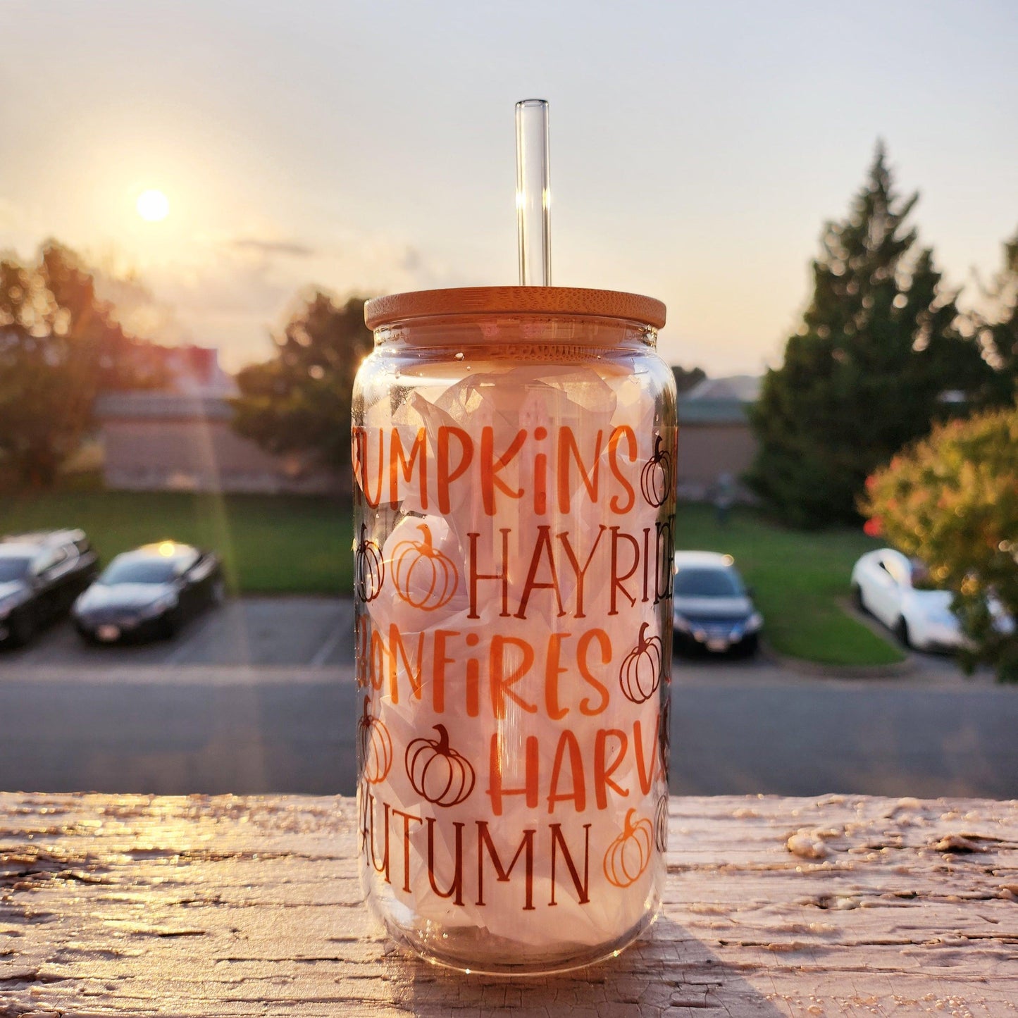 Pumpkins + Hayrides Beer Glass Can Tumbler • Drinkware