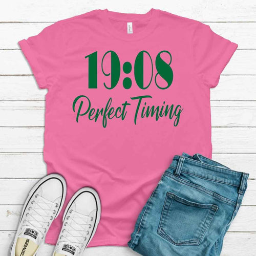 1908 Perfect Timing Unisex Sorority Tee • Crew Neck Pink T-Shirt