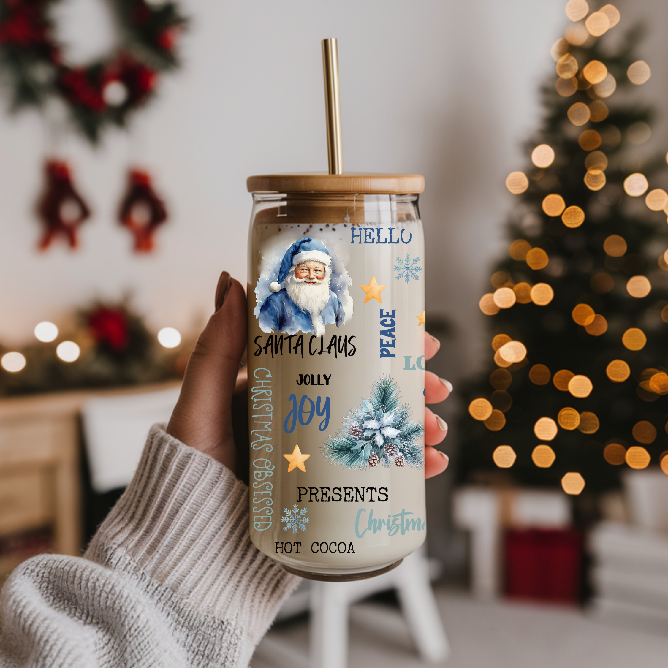 Blue Christmas Cup With Lid And Straw