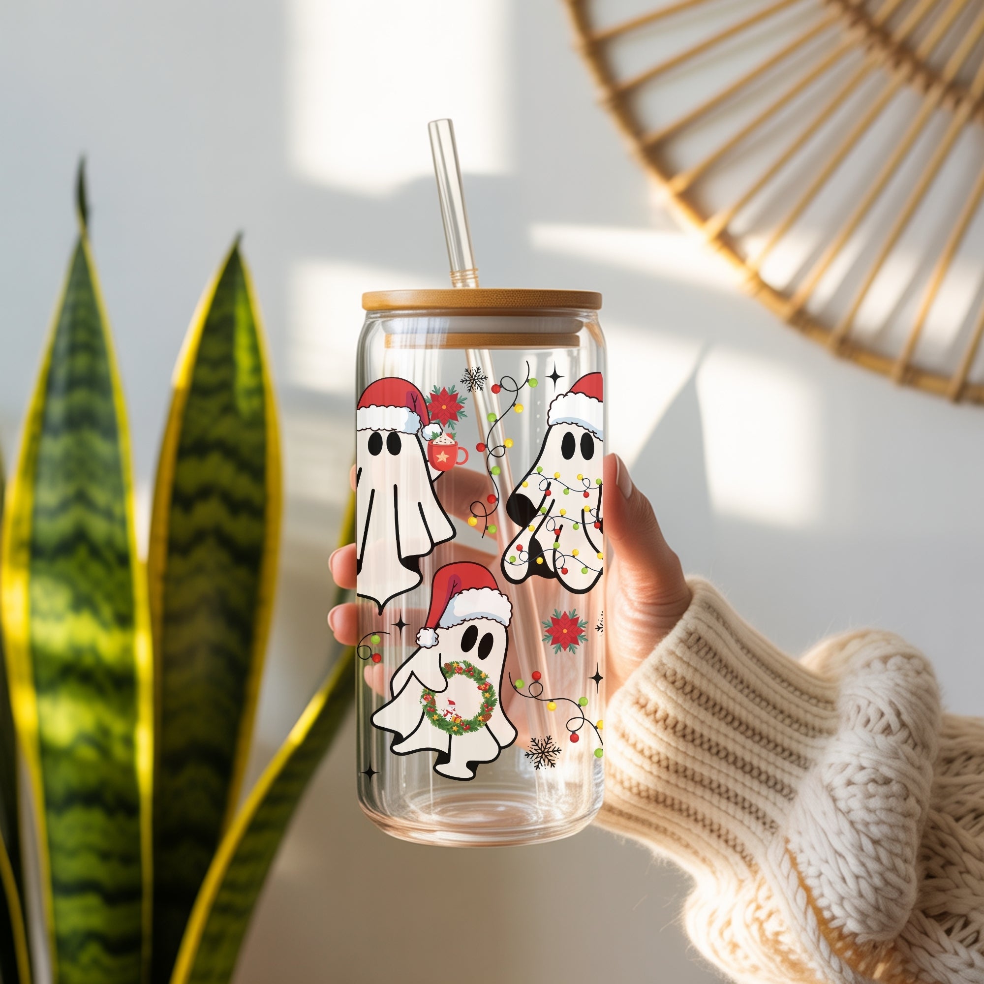 Santa Ghosts Glass Cup With Lid And Straw