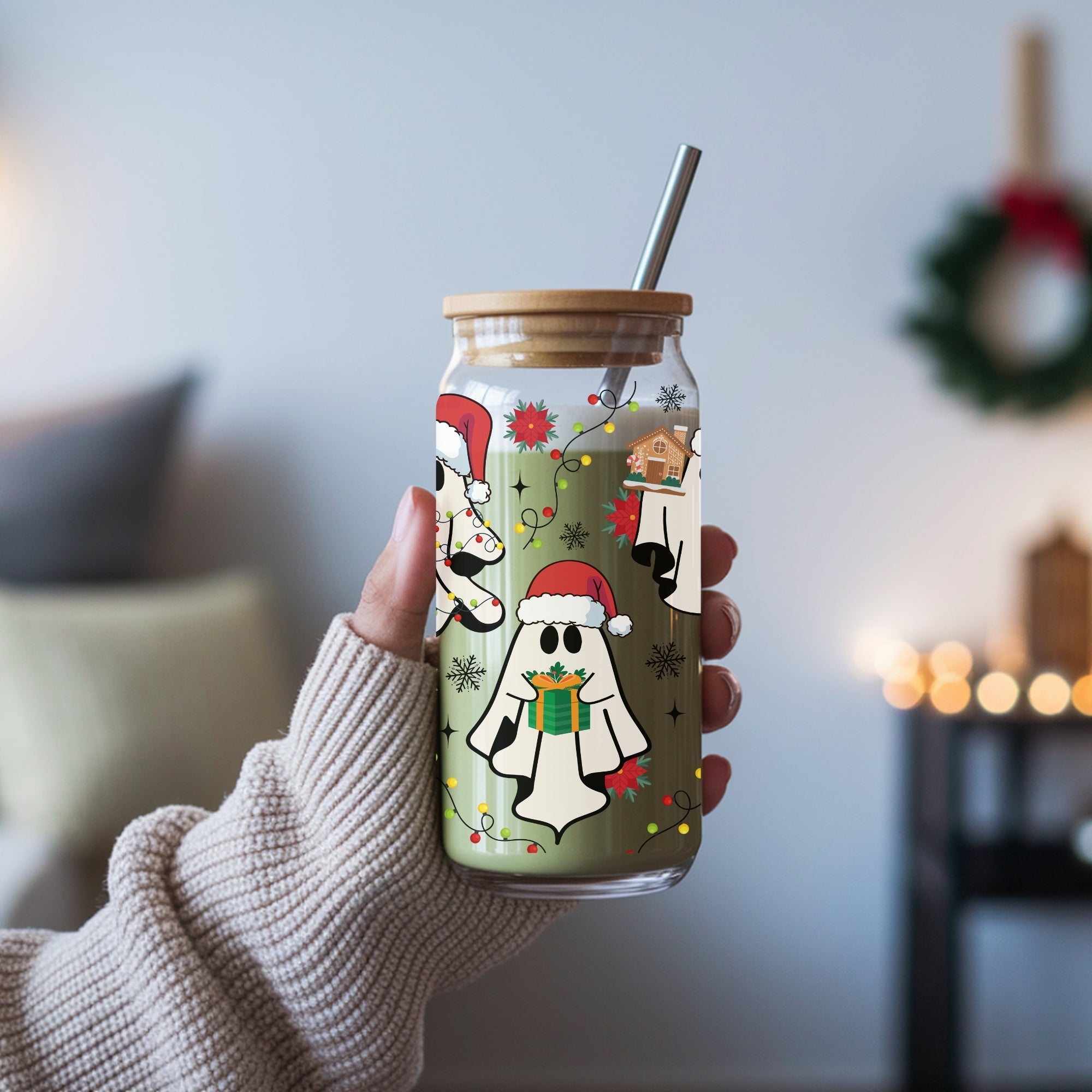 Santa Ghosts Glass Cup With Lid And Straw