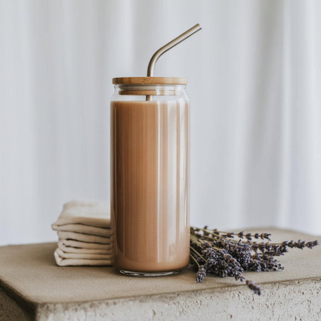 20oz can glass cup with a wooden lid and straw filled with coffee, placed on a textured surface with lavender flowers and a stack of folded towels.