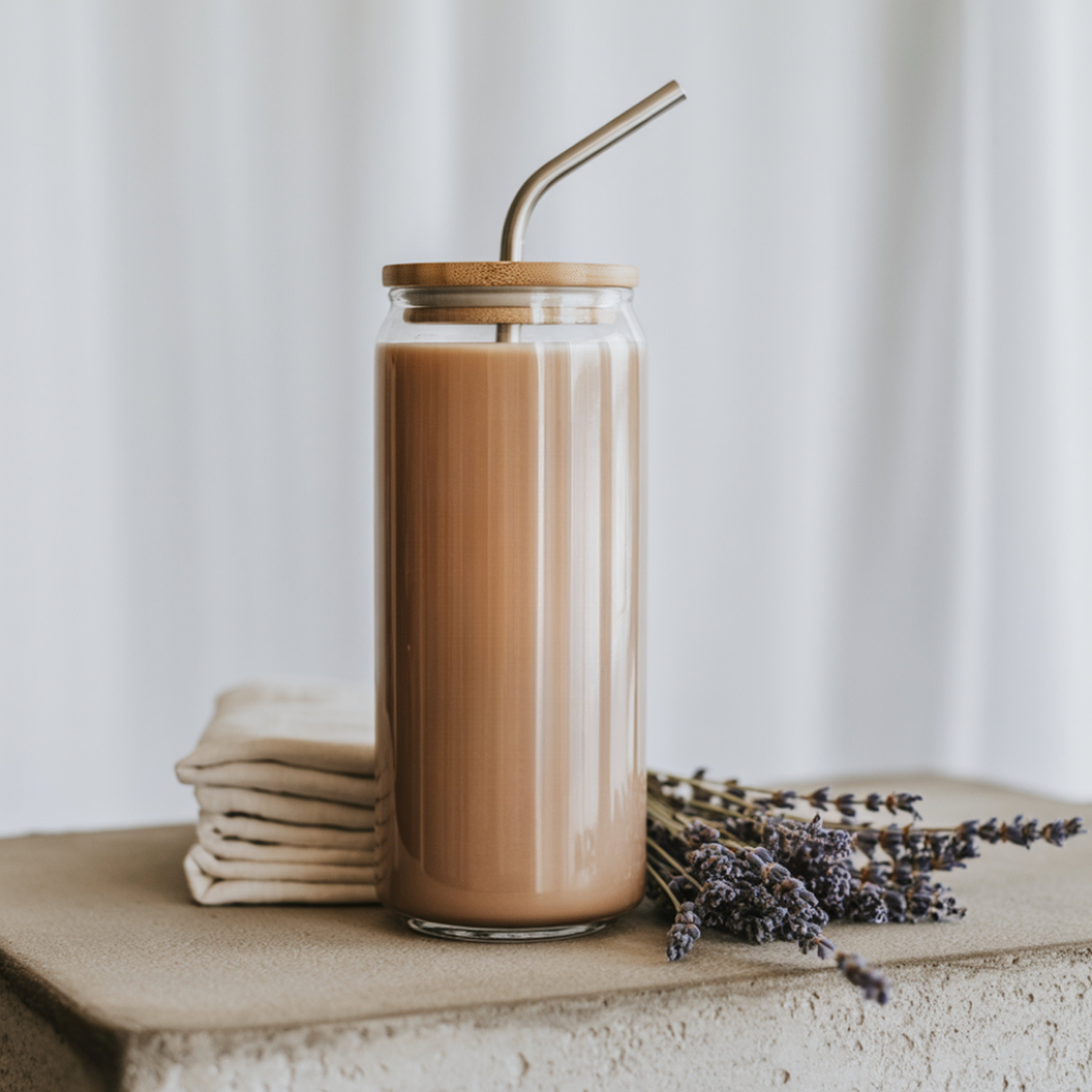 20oz can glass cup with a wooden lid and straw filled with coffee, placed on a textured surface with lavender flowers and a stack of folded towels.