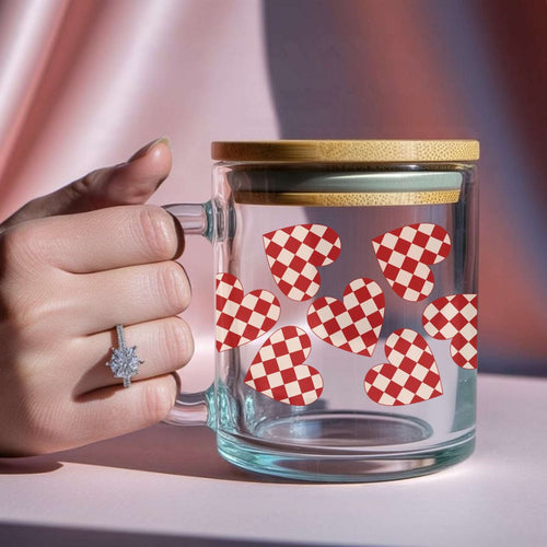 Checkered Hearts Clear Glass Mug With Lid and Straw - CoRo & Company