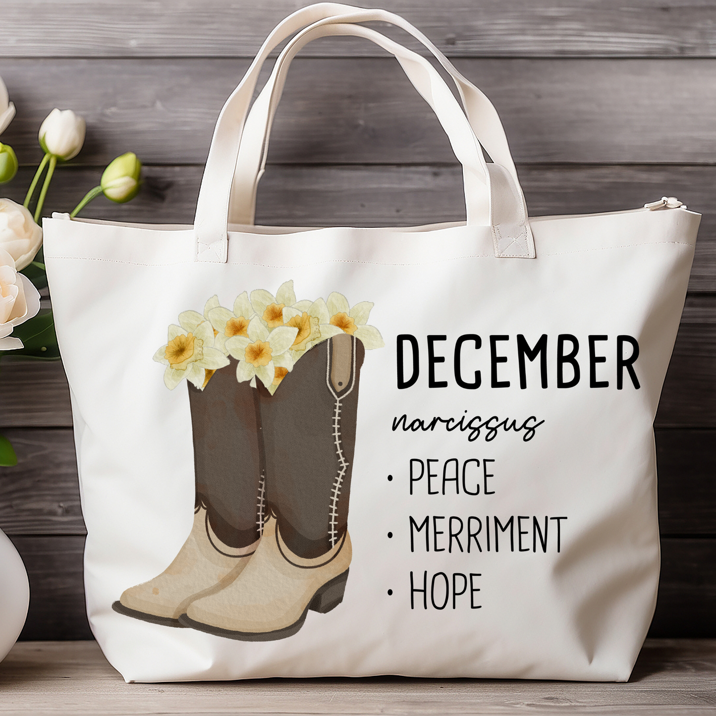 December Bloom & Boot Tote Bag