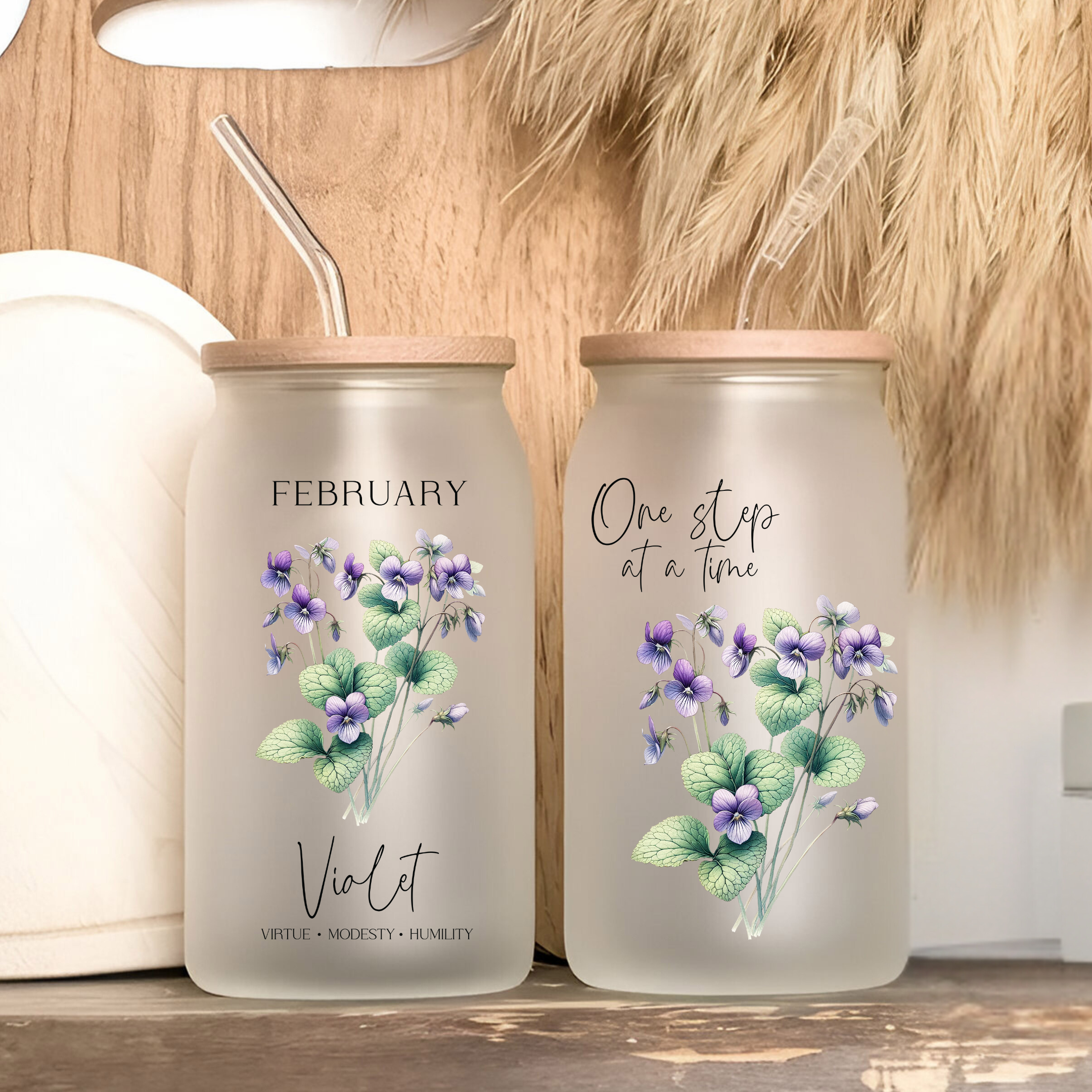 February Birth Flower Affirmation Glass Cup Glass Can Tumbler