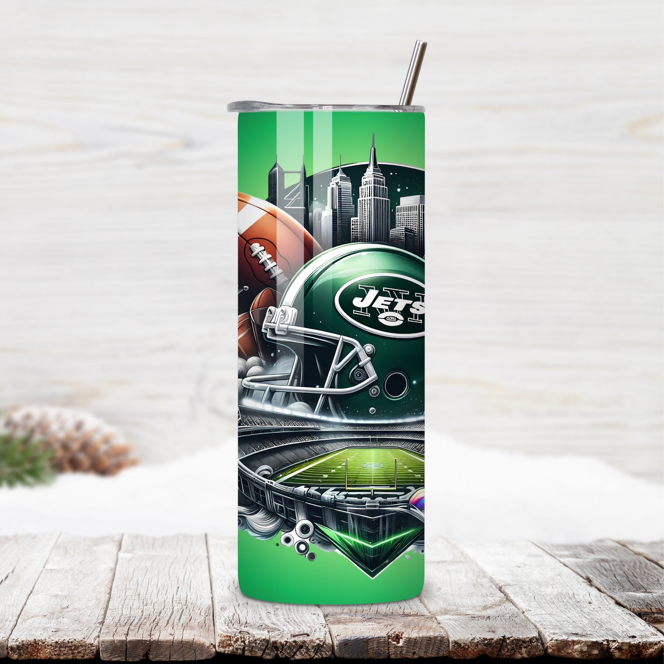 New York Jets Home Turf 20oz Stainless Steel Tumbler with Lid and Straw – New Jersey Skyline & MetLife Stadium