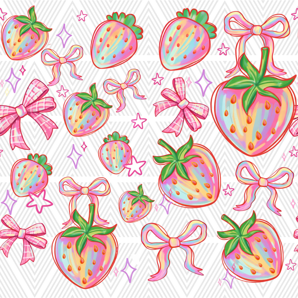 Colorful strawberry and bow pattern on a white background