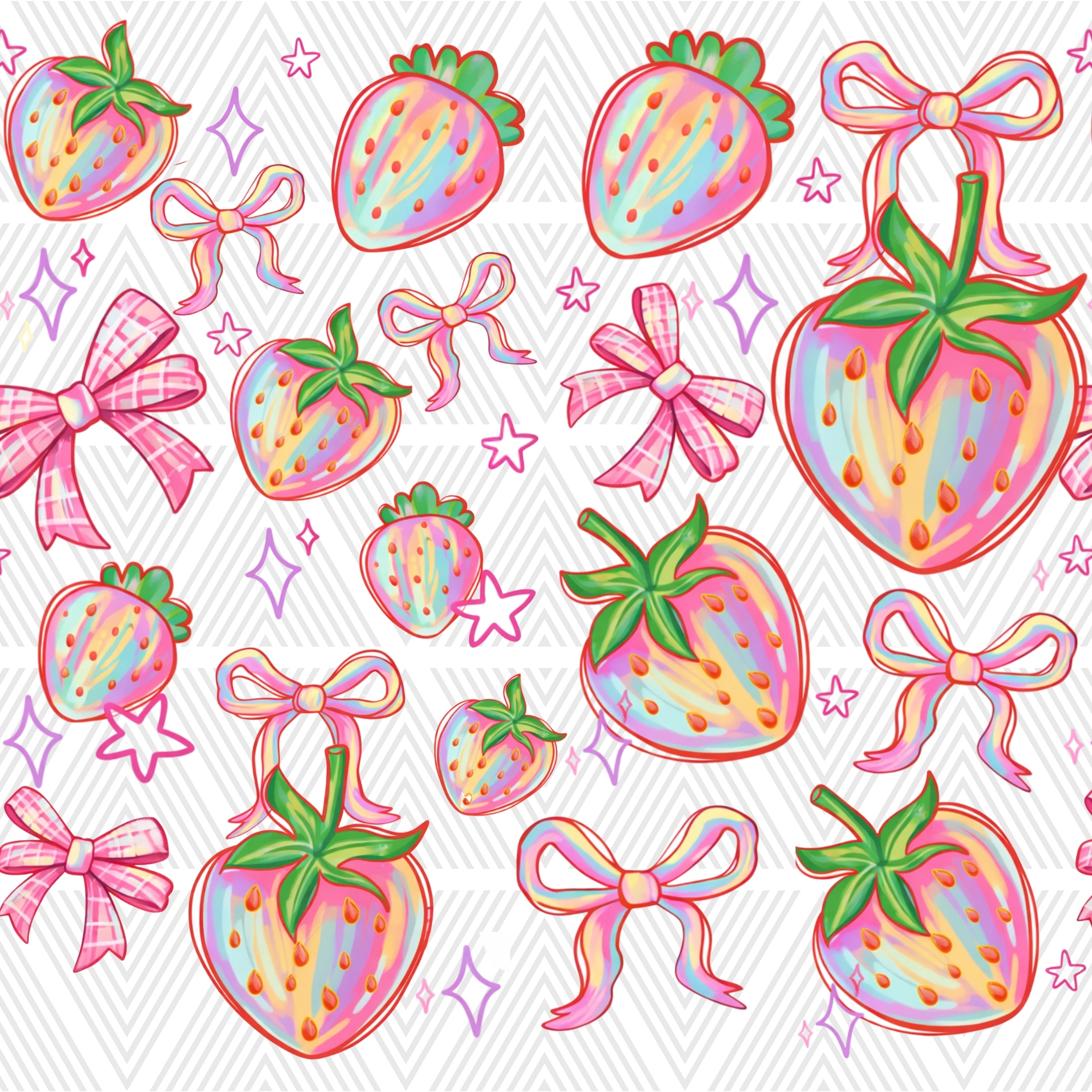 Colorful strawberry and bow pattern on a white background
