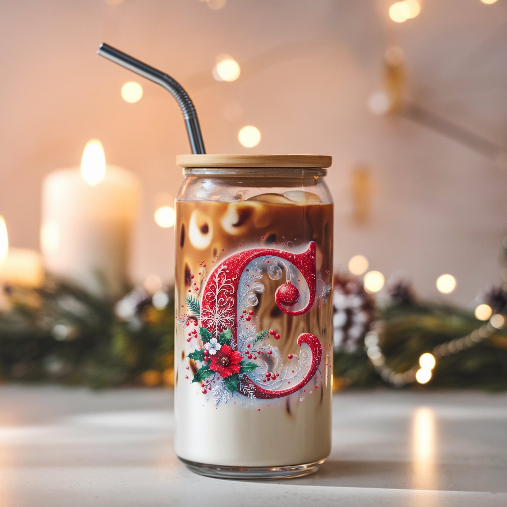 Personalized Initial Christmas Glass Cup with Lid and Straw