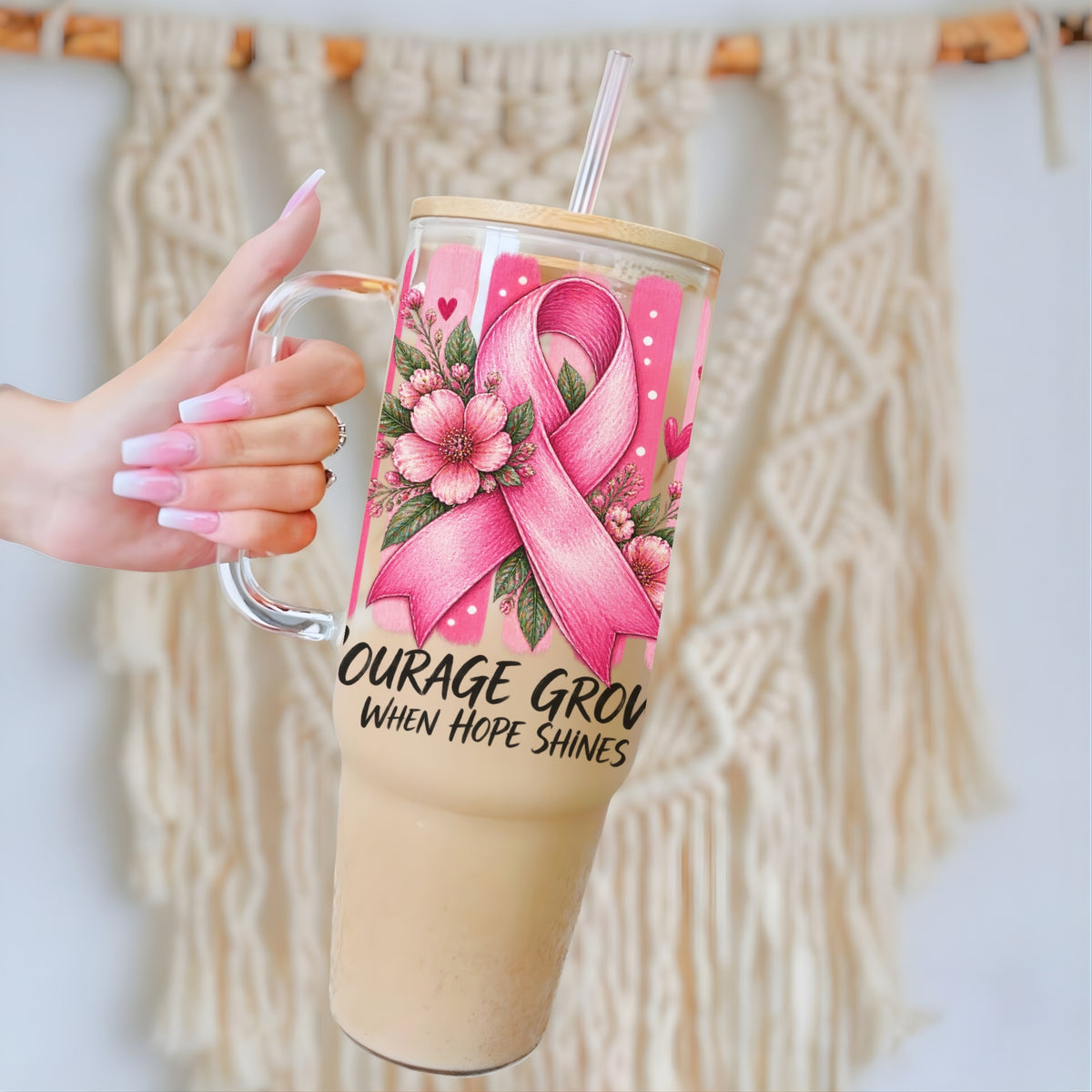 Courage Grows Pink Ribbon Glass Cup