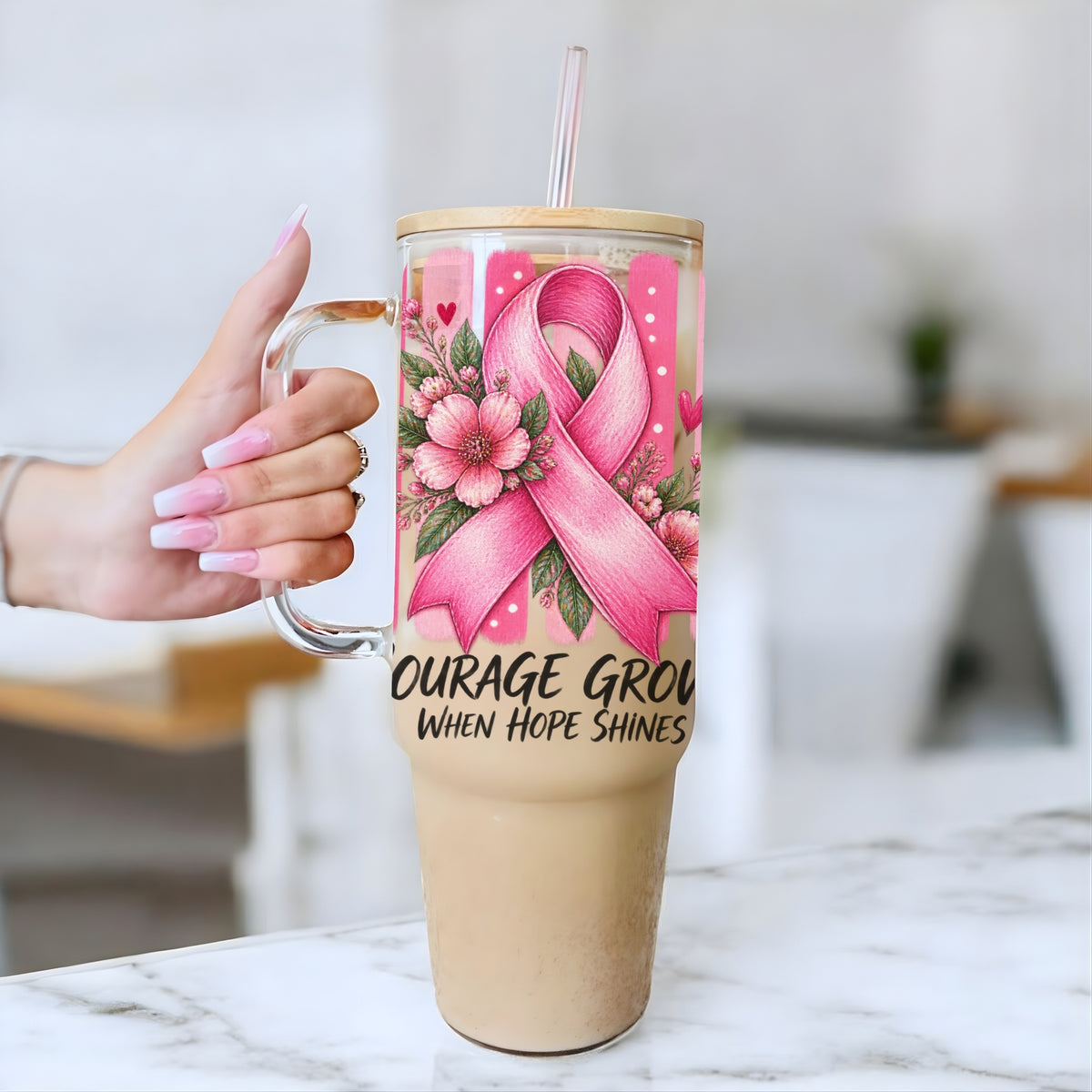 Courage Grows Pink Ribbon Glass Cup