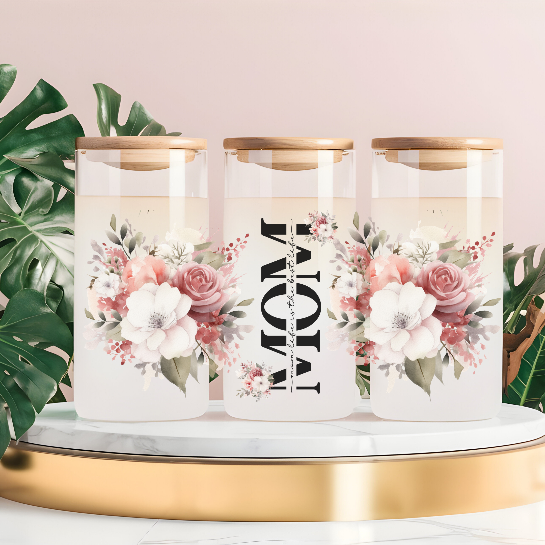 MOM Coral Bloom – Floral Frosted Glass Can Cup (16oz) Glass Can Tumbler