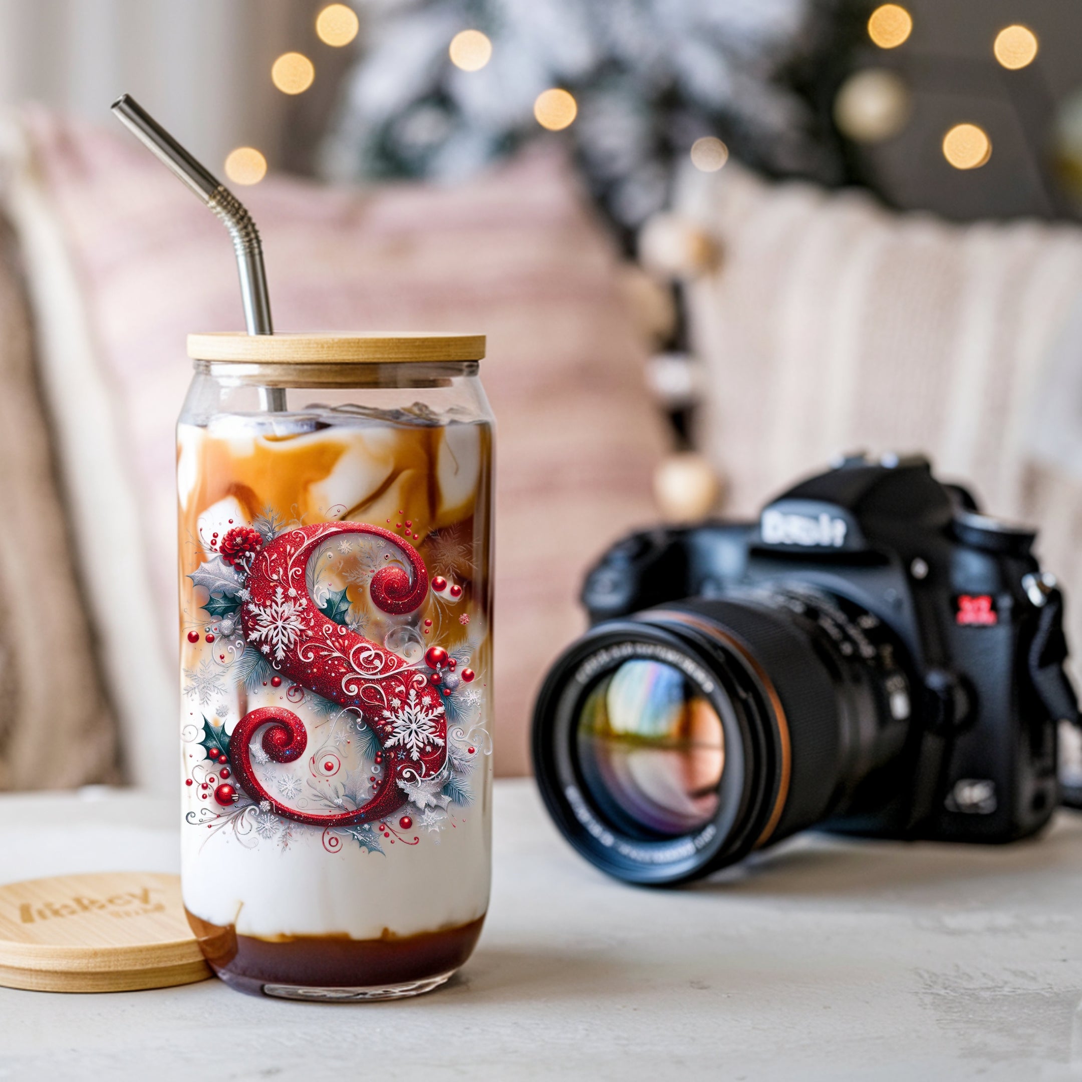 Personalized Initial Christmas Glass Cup with Lid and Straw