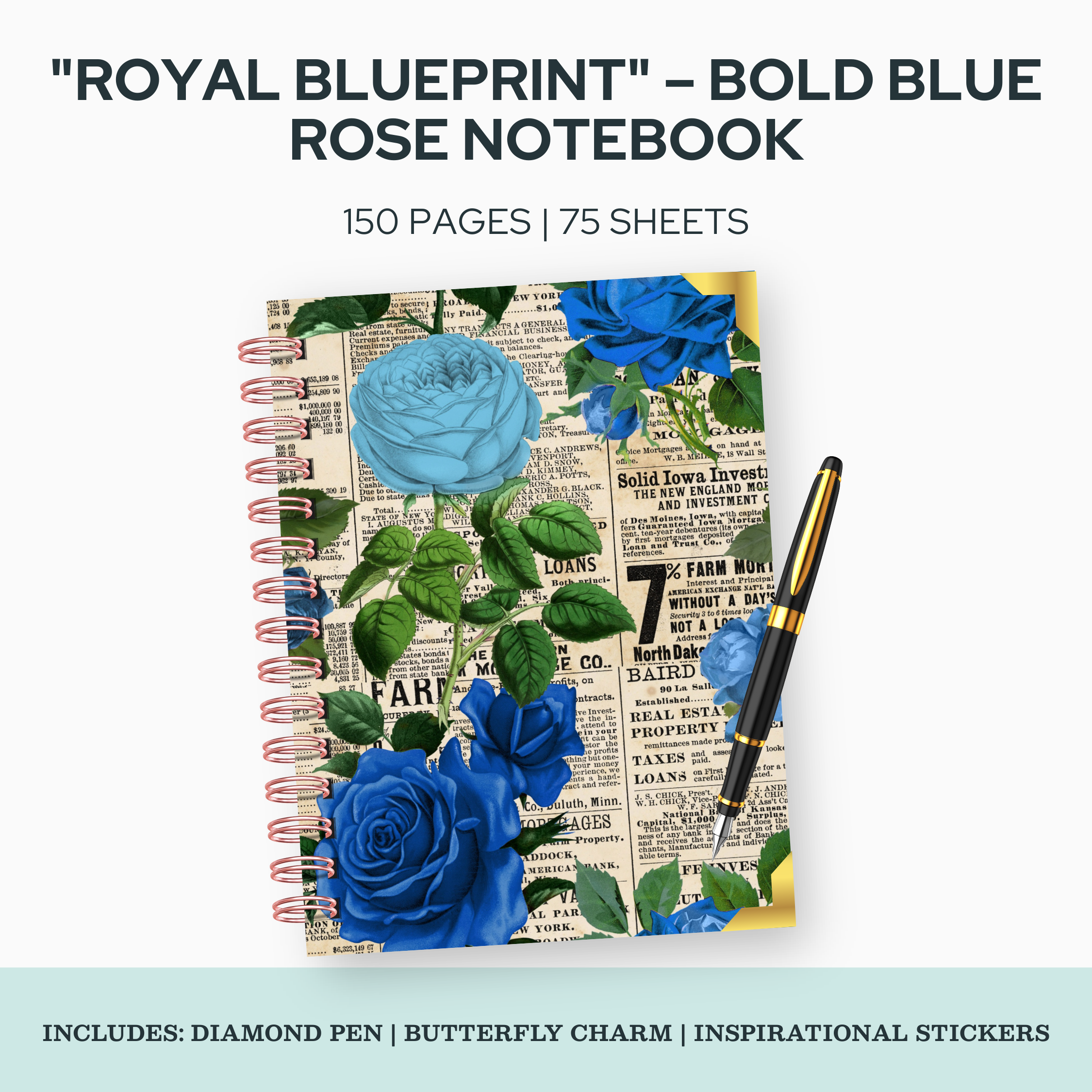 Royal Blueprint – Bold Blue Rose Notebook Journal