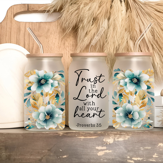 Trust in the Lord – Proverbs 3:5 Teal & Gold Floral Glass Can Cup • 16oz