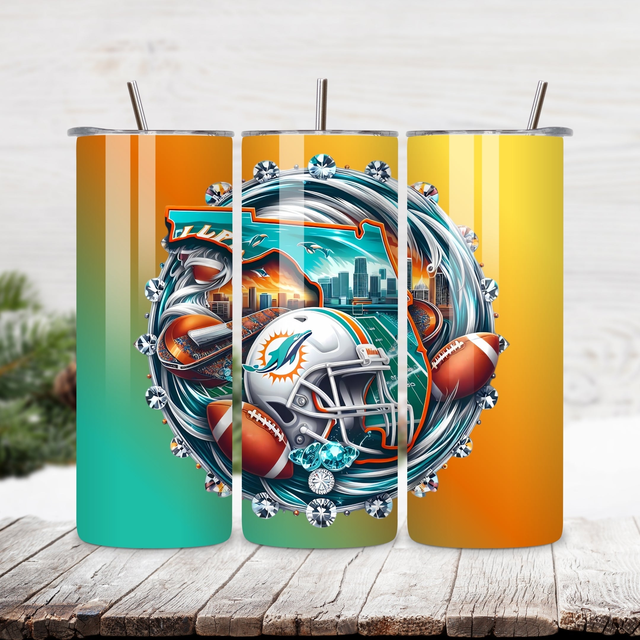 Miami Dolphins Home Turf 20oz Stainless Steel Tumbler with Lid and Straw – Florida Skyline & Hard Rock Stadium