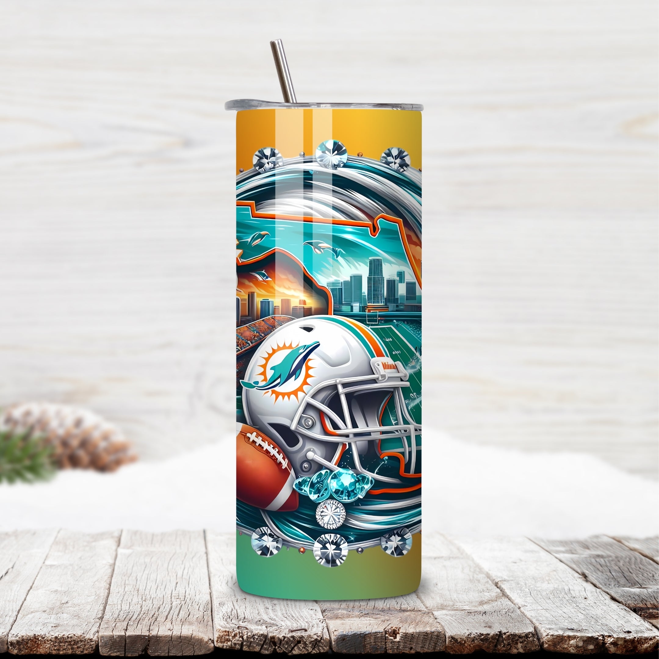 Miami Dolphins Home Turf 20oz Stainless Steel Tumbler with Lid and Straw – Florida Skyline & Hard Rock Stadium