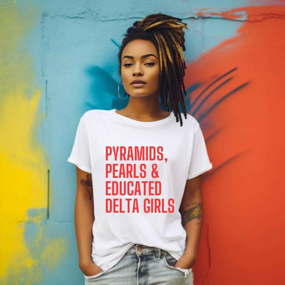Pyramids + Pearls Unisex Sorority Tee • Crew Neck White T-Shirt