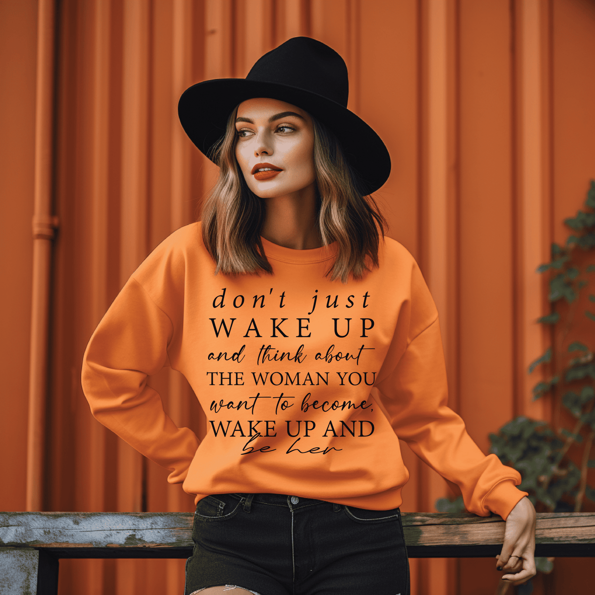 Wake Up and Be Her Crewneck Sweatshirt - Orange Sweater