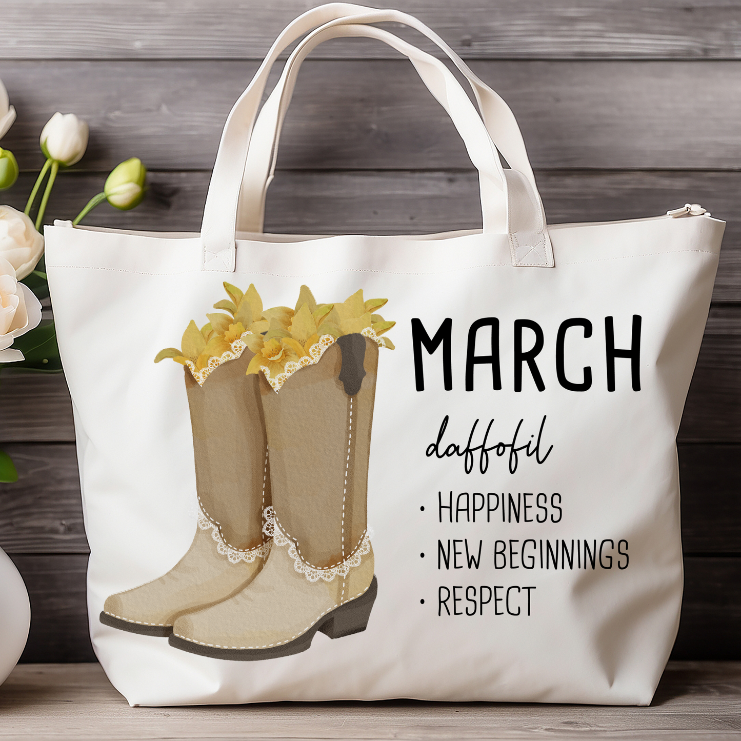 March Bloom & Boot Tote Bag