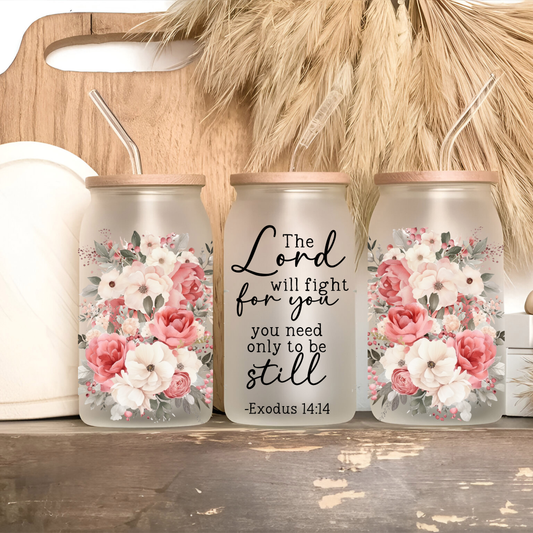 Be Still – Exodus 14:14 Rose Pink Scripture Glass Can Cup • 16oz