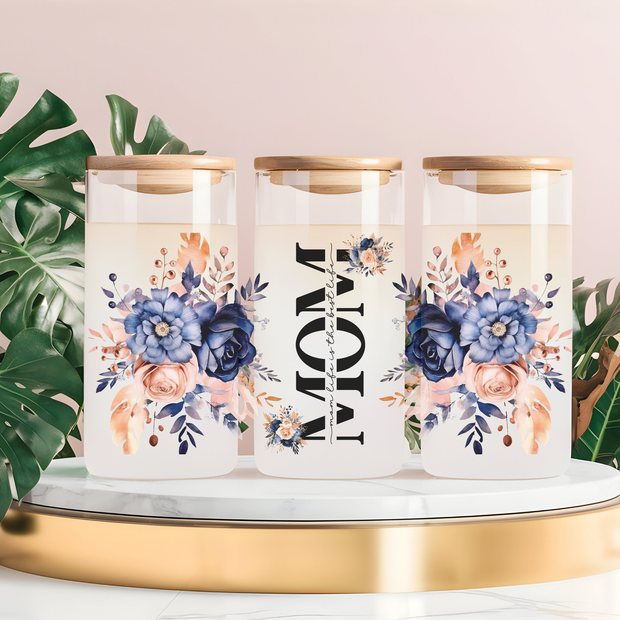 MOM Blue Bloom – Navy & Blush Floral Frosted Glass Cup (16oz) Glass Can Tumbler